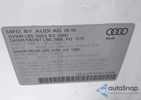 2016 Audi Q5 2.0T Premium z USA, uszkodzony, nr VIN WA1L2AFP6GA149688
